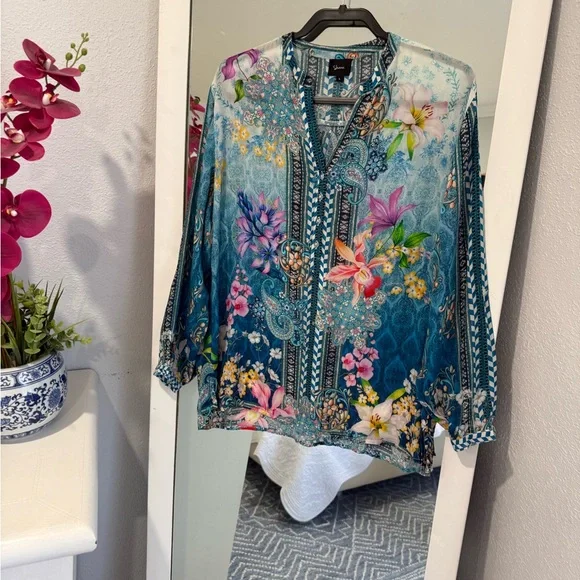 Colorful Blue Pink Silk Blouse *Art to Wear* - Picture 3 of 10